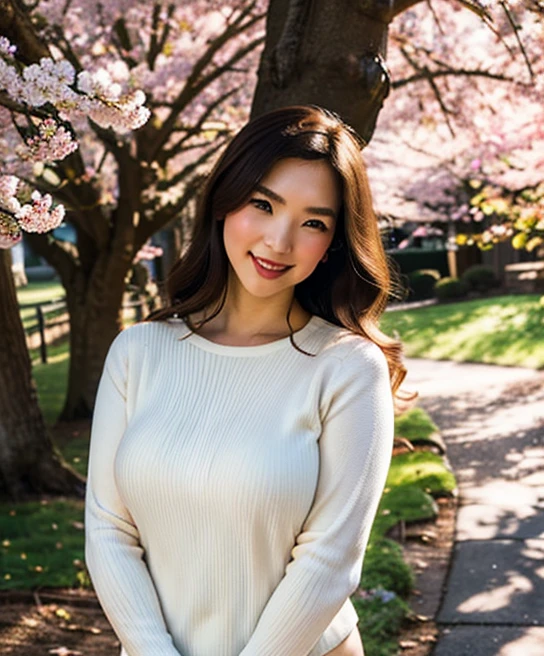 Half-length glamour portrait, nikon D850, f1.6 lens, 200mm, DSLR, 22 Megapixels, (((Tree-lined driveway leading to a private residence scene))), shot of a stunning 19 years old korean girl, (smile:1.4), (wearing amaranth pink long-sleeve jumpsuit:1.6), ((seductive pose)), hot girl, (((big natural breasts))), (((black fringe hair))), (small girl), symmetrical face, photorealistic, photography, (bright natural lighting), gorgeous, deep cleavage, (masterpiece), best quality, high resolution, extremely detailed, cinematic lighting, (((very narrow waist))), rich colors, hyper realistic, lifelike texture, ((jewelry)), (((She has beautiful hands and wears rings))), (bracelet), (necklace), (ankle chain), (nail polish) (earrings), Fuji Superia 200, 8k