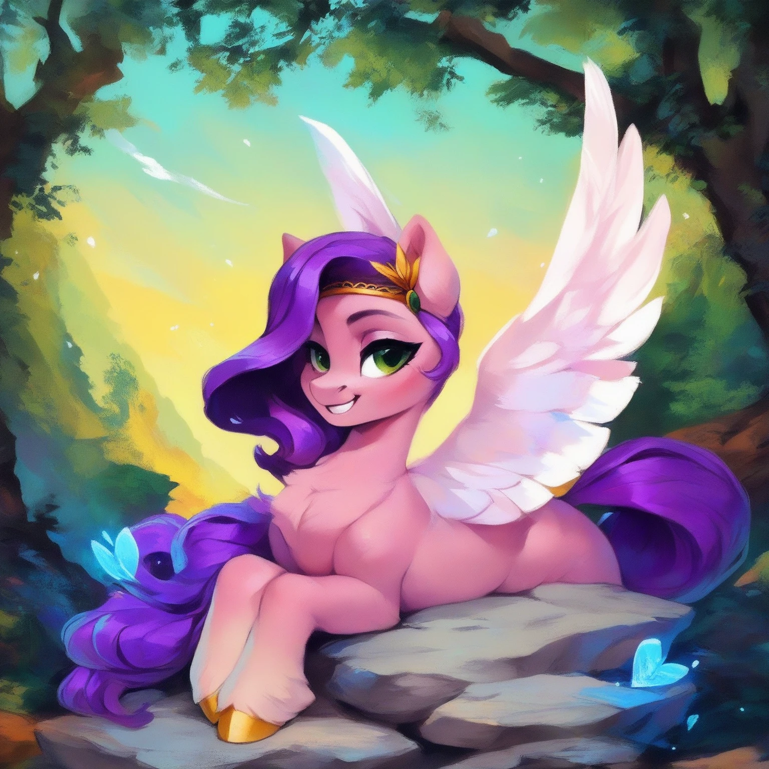 <lora:PippPetals:0.63> Pipp Petals, portrait, ((the park)), (masterpiece), (raytracing), (cinematic lighting), triadic lighting, High Definition, light particles, (shading), ((((smooth pale pink fur)))), green clear eyes ((shiny gray fur)), (((glowing clear blue eyes))), ((((pony)))), ((purple hair)), ((four hooves)) female, mare, {my little pony} ((white feathered wings)), (((cute))), ((pale pink wings)), spread wings, very beautiful, best quality, ((perfect anatomy)), fluffy chest <lora:PonyAss_v1-E3_R-128:1> (masterpiece, best quality:1.1), 1girl, solo, ass focus, (my little pony:1.1), puckered anus, ass, anus, ass focus, from behind, (tail:1.1), pussy, looking back, looking at viewer, blush, coloured skin, nude, long hair, long hair, fragrant, colourful, idyllic, whimsical, by Russolo Rossdraws Kinkade