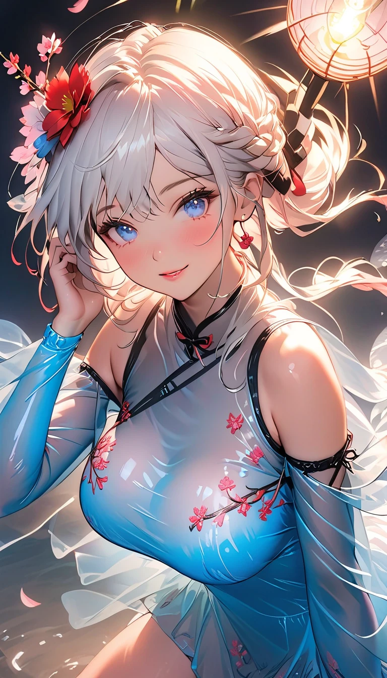 (((小さなgirl)))、The arrival of spring、Thick thighs、 (alone:1.5,)Very detailed,Bright colors, Very beautiful detailed anime faces and eyes, Look straight ahead, ;d, Shiny_skin,girl, ((Silver long hair,The inner color is red 、Forehead is exposed.、Green Eyes、Glasses、Shiny hair, Delicate beautiful face, blush、(Turquoise Eyes), White skin, Valletta, Earrings,、blue flower field、(((Star pattern pink、Long China Clothing、Purple Bloomer)))、Twin tails、smile、smile、Face dyed red