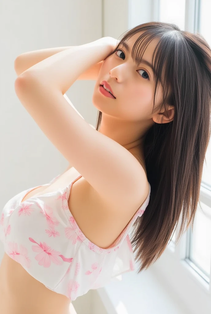 ((top quality, 8K, masterpiece: 1.3)), sensual woman, one girl, (constricted, slender physique: 1.2), dark brown hair, short hair, painted from head to toe, black topless bra, black open clutch shorts, exposure, bed, lying on bed, lying down, supine, crotch open, legs spread, with hair in the crotch, ultra-detailed face, Detailed lips, detailed eyes, detailed breasts, big, double eyelids, racy underwear, pimp-like underwear, pimp-like bra, pimp-like panties, large areola protruding from underwear, wet panties, erotic underwear, sexy, cleavage, pubic hair protruding from underwear, very fine face and skin texture, hammy breasts, lower breasts, hiding breast protrusions with fingers, Brazilian bikini