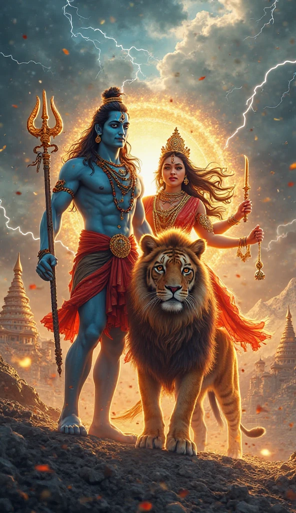 A lion Supreme God narasimha with his wife Lakshmi with a neat white dress they're wearing and smiling around India flag hosting