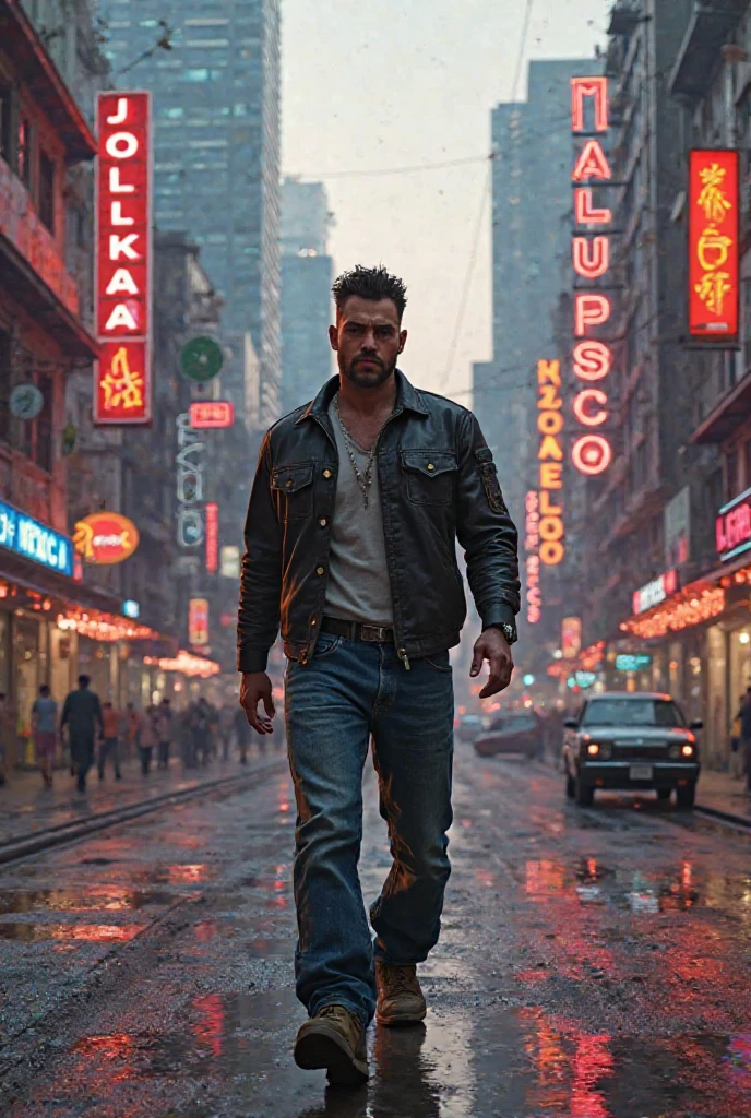 a cinematic scene featuring an Italian man strolling down a dimly lit, rain-soaked street in a 1960s noir setting, The man should exude the charm and style of the era, dressed in a (brown trenchcoat) and fedora, The street should be bathed in the glow of neon signs, casting dramatic shadows and reflections on the wet pavement, Capture the atmosphere of mystery and intrigue that is characteristic of noir films from that era, (muted colors:1.5), fog, (night), large pectorals, abs, nipples, shirtless, realistic, masterpiece, intricate details, detailed background, depth of field,