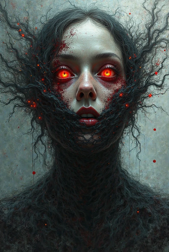 (Aschenhardt Style:1.4), Masterpiece, Best Quality, High Quality,(Dark shapeless creature with dark red glow and red eyes and surrounded by darkness:1.2), (in profile), (Darkness:1.2), Abstraction, Deep Sea, Award-winning photography, Depth of field, HDR, Very detailed, Trending in art stations, Trending in CGsociety, Complex, High detail,(Masterpiece:1.2, Best Quality), (Best Lighting, Very Delicate and Beautiful), (Best Lighting, Very Delicate and Beautiful), (Beautiful Detailed Face), (Detailed Eyes and Detailed Face:1.2), Dark Fantasy, (Young Girl, Little Beast, 1girl, Solo, Crazy Smile, Pale Skin,19 Piercings,((tattoos all over body,Tribal tattoos all over legs)) gray hair, glowing red eyes, dynamic angle, vampire), (get chains, magic circles, graffiti on the wall, in the background)),get demons to be summoned), magic thunder, pointy_ears, fangs,demon wings,demon horns,blood on face,blood rain,blood mist,(depth of field),high contrast,(blood splash:1.4),cowboy shot,full body, black lace up thigh boots,shout, Sacrifice, Magnificent Stage
