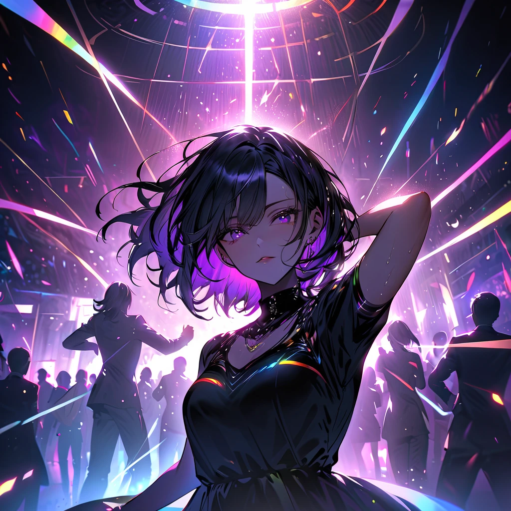 ,Put on your headphones,(Black Hair Girl),,Big Breasts,DJ,DJ Booth、Riding the music、club、((Night Live House、Red laser light、Blue laser light、random laser point、Virtual space、Golden laser beam、Purple laser light、DJ、Live Stage))