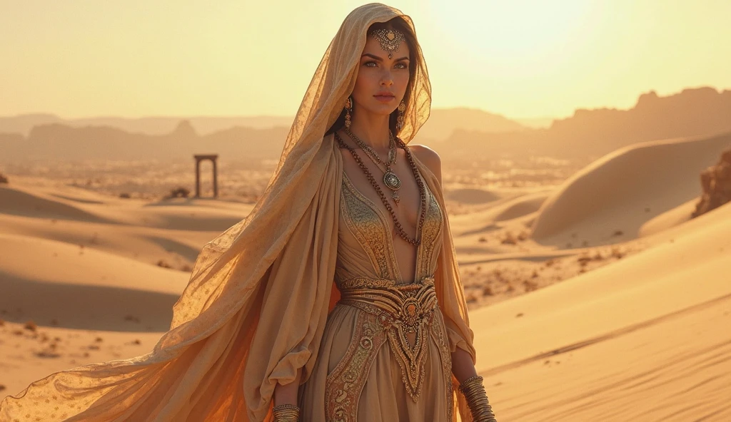 Young lady with full covered dress Queen of snakes in sand mountain area with black smoke at sky