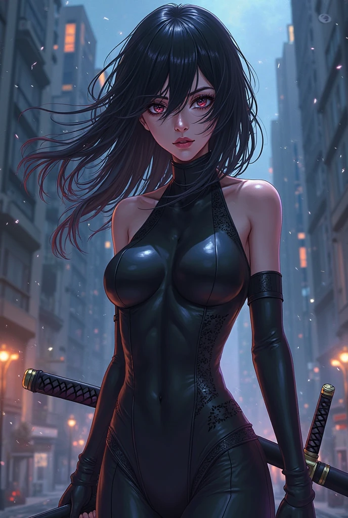 (best quality,4k,8k,highres,masterpiece:1.2),ultra-detailed,(realistic,photorealistic,photo-realistic:1.37),HDR,UHD,studio lighting,ultra-fine painting,sharp focus,physically-based rendering,extreme detail description,professional,vivid colors,bokeh,portraits An oriental ninja girl with long black hair and ice powers,holding a katana, wearing a black ninja outfit, marvel's elektra, wears ninja mask, and standing on a moonlit rooftop. Her sharp, intense eyes are focused and determined. The moonlight illuminates her pale skin, contrasting with her dark hair. Frost swirls around her, as she summons her ice powers. Intricate ice crystals form on her fingertips, glistening with a soft blue glow. Surrounding the rooftop is a bustling Japanese city with towering neon-lit skyscrapers. The streets below are filled with people, unaware of the hidden world above. The night sky is filled with stars, adding a touch of magic to the scene. Cherry blossom petals float gently in the air, creating a dreamy atmosphere. The artwork is rendered in a realistic and photorealistic style, capturing every intricate detail of the girl and her environment. The colors are vibrant and vivid, with a slight tilt towards cool tones that complement the ice powers. The lighting is carefully crafted to emphasize the ninja girl's presence and create a sense of mystery and drama. The overall composition of the artwork is carefully balanced, with the ninja girl positioned off-center, drawing the viewer's attention to her. The sharp focus on her eyes and the ice crystals adds a sense of precision and intensity. The background elements, such as the cityscape and cherry blossom petals, create depth and add visual interest to the scene. This masterpiece depicts a powerful and skilled oriental ninja girl, showcasing her strength, grace, and icy abilities in a captivating and dynamic setting.