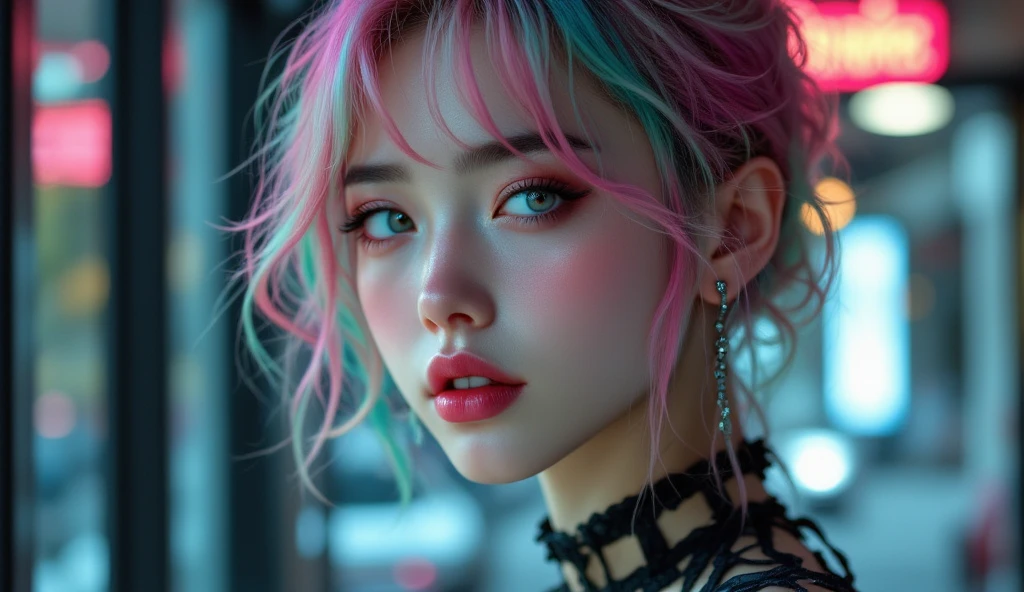 beautiful girl with colored hair, pop star style outfit