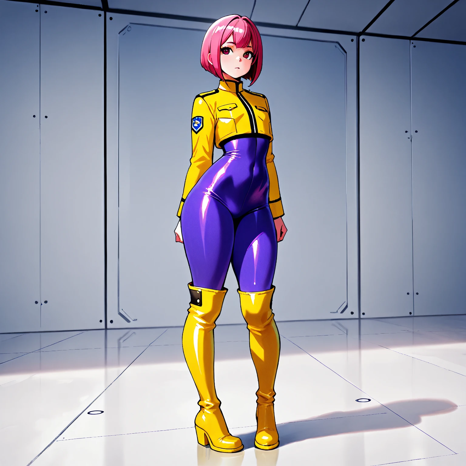 cute girl, a cartoon drawing of a person in a yellow and purple outfit, (bee), cute girl wearing tank suit, thicc, big bee, high quality fanart, human structure bee concept art, y 2 k cutecore clowncore, drawn like the anime speed racer, faye valentine, with a cool pose, cool pose, in the art style of 8 0 s anime
