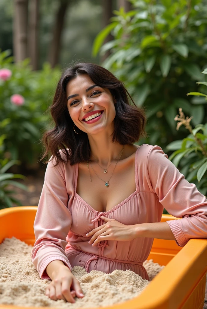 mulher sorridente sentada em uma cadeira com uma camisa verde clara, dark green pants, centro de imagem,  sentado em uma mesa, f8k.