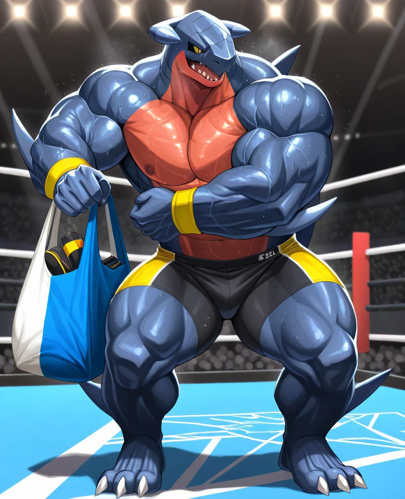 A gritty and intense cinematic illustration of a high-stakes boxing match in a dimly lit, blood-spattered ring. DC Comics' towering, hyper-detailed, and muscular King Shark, Nanaue, stands victorious, his humanoid shark form glistening with sweat and covered in the remains of the grueling fight. His prominent belly, wide muscular arms, and sharp teeth are highlighted by the harsh light of the ring. The background is a chaotic scene, with debris from the battle scattered around the ring, and the air filled with the heavy breathing of King Shark. His fierce and formidable fighter personality is palpable in this triumphant moment., cinematic, photo