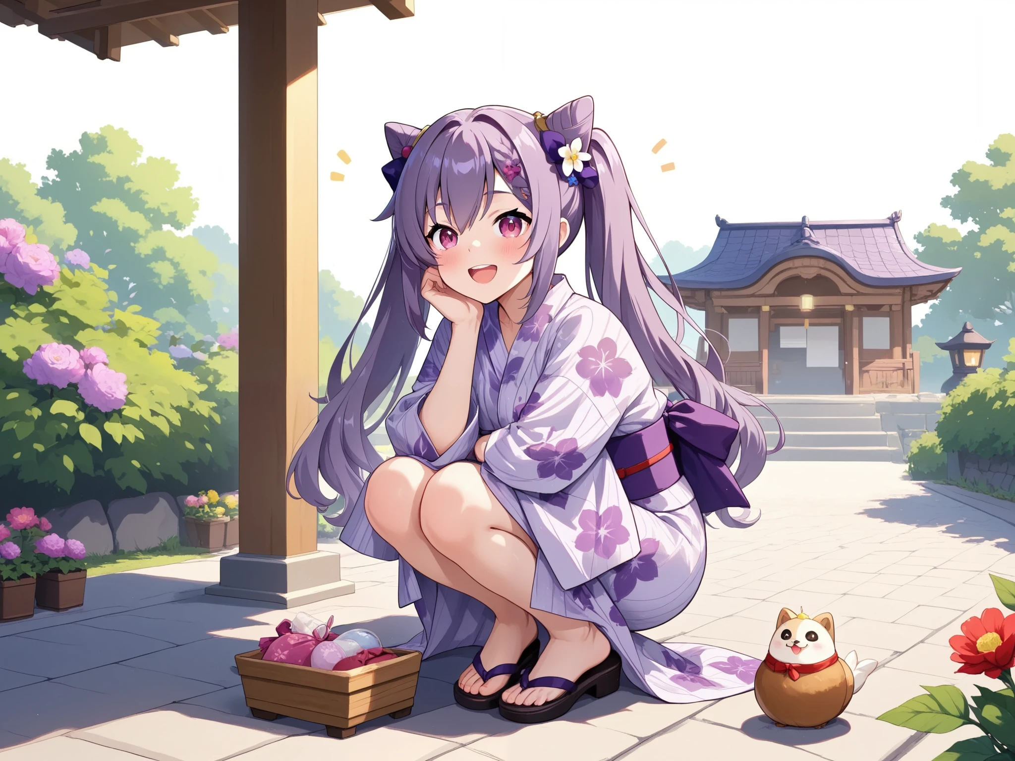 Keqing、happy expression、full body、(A yukata with a purple pattern on a white background)、Outdoors