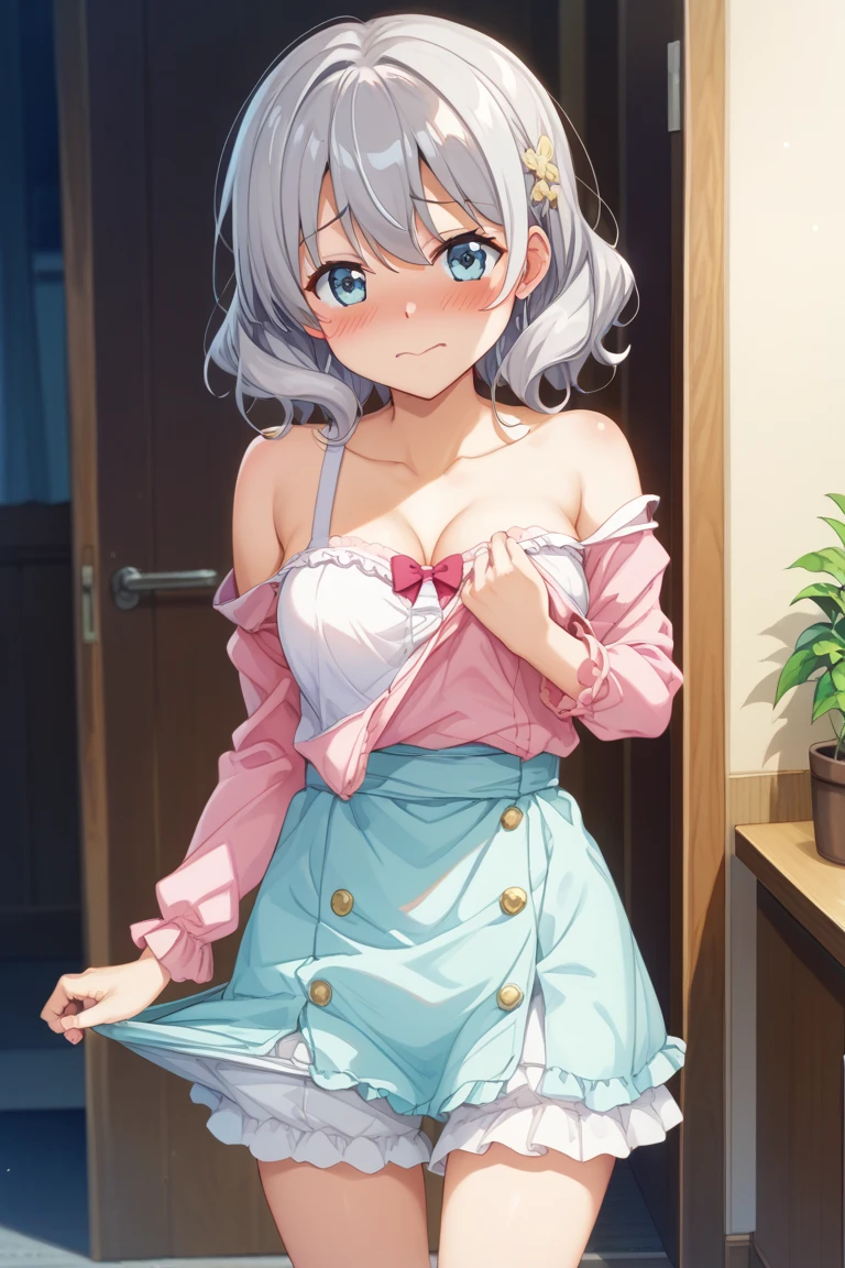 indoor,((hospital)),hospitalのベッド,Looking down from above,face focus, Green Eyes, Grey Hair, hair ornaments, bangs, Virtual YouTuber, Shine, blunt bangs, Double Bang, Animal ears, Flat Chest,Pink nurse uniform,Nurse hat,blush, ,, smile, orgasm,in heat,Are standing,topless,White bra,1boy,faceless male,male hands,{{{male hand on  her breasts}}}