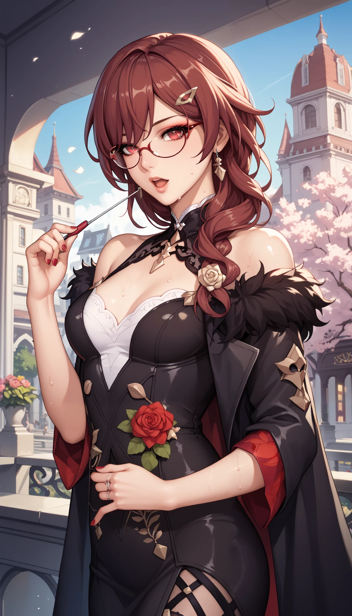 ntr, masterpiece, Adultery, score_9, score_8_up, score_7_up, score_6_superior, source_anime, rating:general, 1 girl, beautiful woman, perfect body, sunburned skin, curvilinear, mature, very small breasts, sweaty, makeup, ( Super Precise Eyes:1.1), Gothic PXL, close one eye, villages with, black coat, viewers, place your hands on your hips,Red Eyes, shiny skin, clavicle, floral print, upper body, lips,bare shoulder, long hair, hair ornament, Chest, popular black coat, knitting glasses, Industrial Park, nail, , hair clip, open your mouth,single knitting glasses, masterpiece, 最high quality, high image quality, newest, ing, zPDXL3, detailxl, score_PnyReal, burgundy hair, Kafka \(honkai star rail with the same leg color\), 8k, high quality, wallpaper