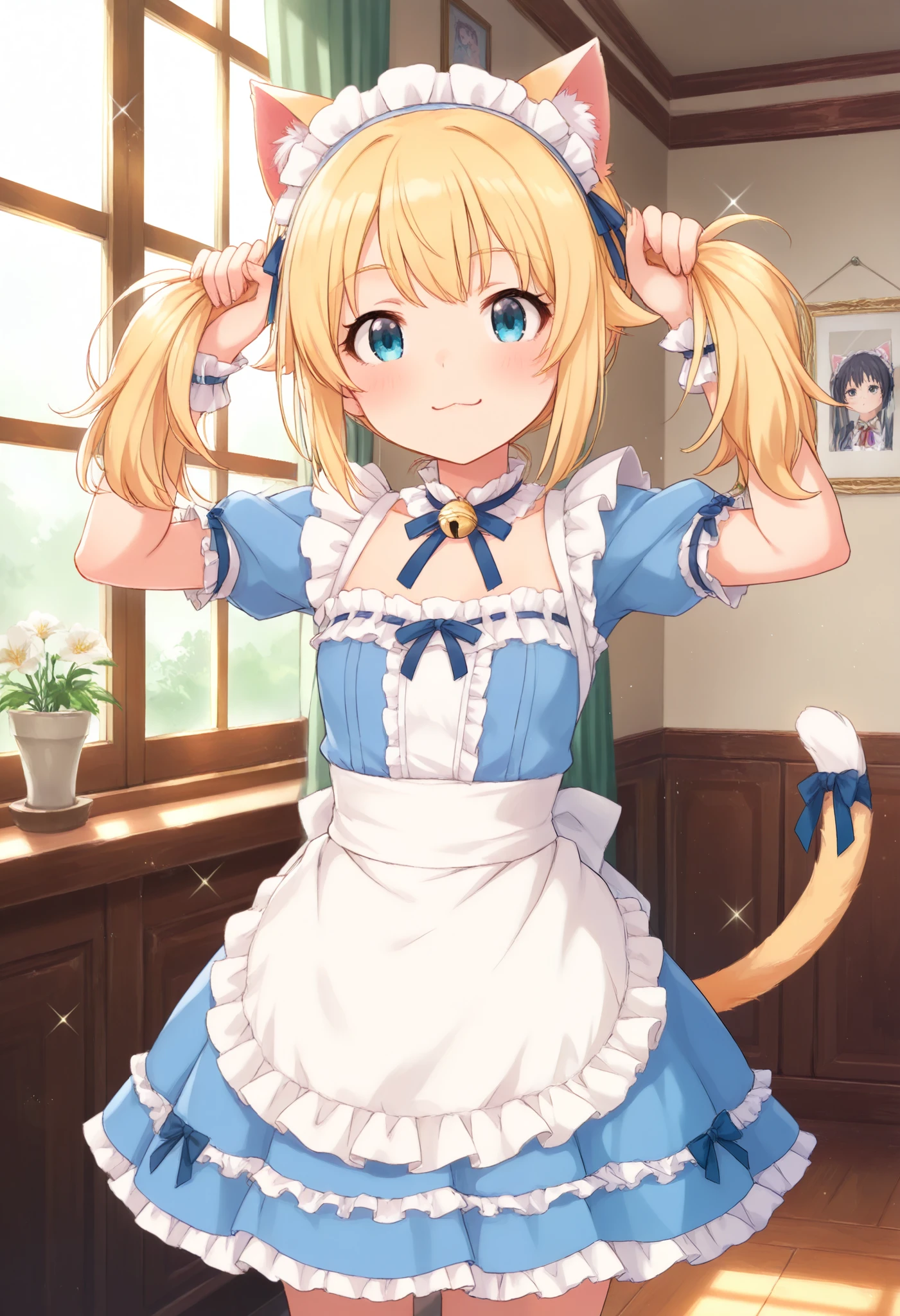anime, (sparkle), super detail, (masterpiece), high quality, ((high details)), twintails, blonde, Pretty Girl, A frilly dress, blue dress, a flared skirt, A big ribbon on the chest, Standing by the window, indoors, cat ears