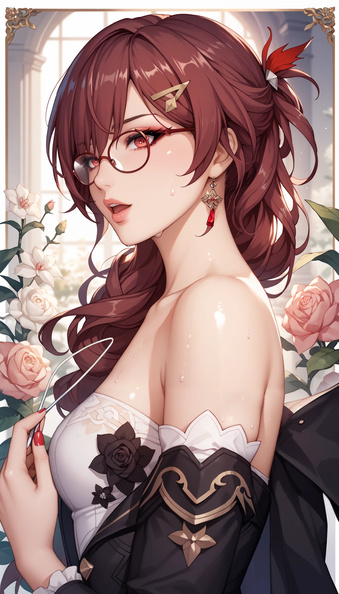 ntr, masterpiece, Adultery, score_9, score_8_up, score_7_up, score_6_superior, source_anime, rating:general, 1 girl, beautiful woman, perfect body, sunburned skin, curvilinear, mature, very small breasts, sweaty, makeup, ( Super Precise Eyes:1.1), Gothic PXL, close one eye, villages with, black coat, viewers, place your hands on your hips,Red Eyes, shiny skin, clavicle, floral print, upper body, lips,bare shoulder, long hair, hair ornament, Chest, popular black coat, knitting glasses, Industrial Park, nail, , hair clip, open your mouth,single knitting glasses, masterpiece, 最high quality, high image quality, newest, ing, zPDXL3, detailxl, score_PnyReal, burgundy hair, Kafka \(honkai star rail with the same leg color\), 8k, high quality, wallpaper
