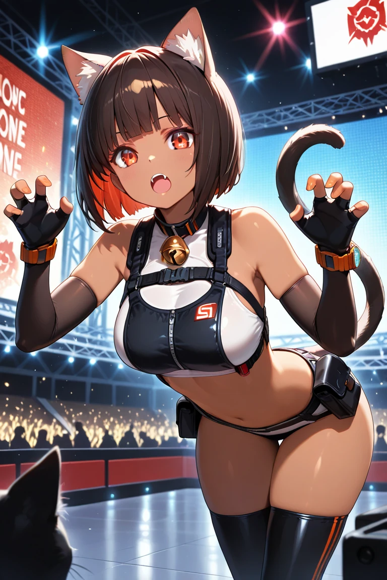 Watching the audience, 1 person、girl, Open your mouth, smile, Virtual YouTuber、((Highest quality, expensive_solve, Clear_image)),(Black Hair), (Black cat ears), (Ahoge), (Ridiculously short hair), (Wavy Hair), (blue eyes)、Very large breasts,Wearing a dress、With a gun、Condescending face、Lay down、