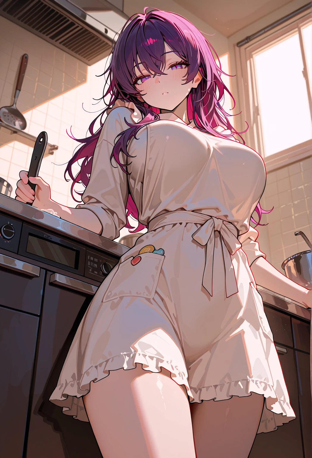 (high quality, 8k, 4K, high contrast, artwork:1.2, high quality, best aesthetics), ((1 woman)), erotic, sensual, mature body, super detailed, beautiful face detailed, beautiful eyes detailed, detailed beautiful mouth, sexy body, perfect breats, (long, wavy dark purple hair), (dark purple eyes), (black lipstick), (serious facial expression), (naked with a long white kitchen apron), (kitchen), (standing cooking in the kitchen), (centered), (behind a counter)