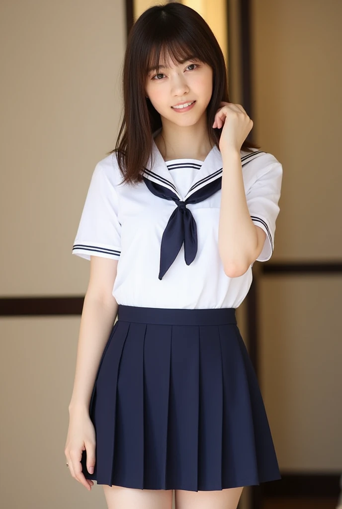 ((highest quality、8k、masterpiece:1.3)),((((fullbody shot)))),Ultra-high resolution,big eyes,Japanese,bangs,(a girl),(1 girl),((18 years old)),((facing at viewer)),(long hair),(((black sailor uniform))),grin,((sitting on chair)),(pleated mini skirt),(((pink panties))),((skirt lift))