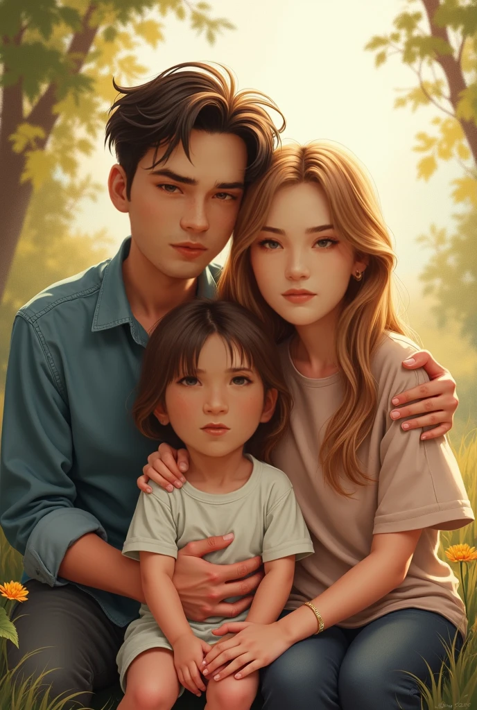 Can you draw a 5”11 tan man with brown eyes and brown hair with a 5”5 white women with blue eyes and brown hair with two kids