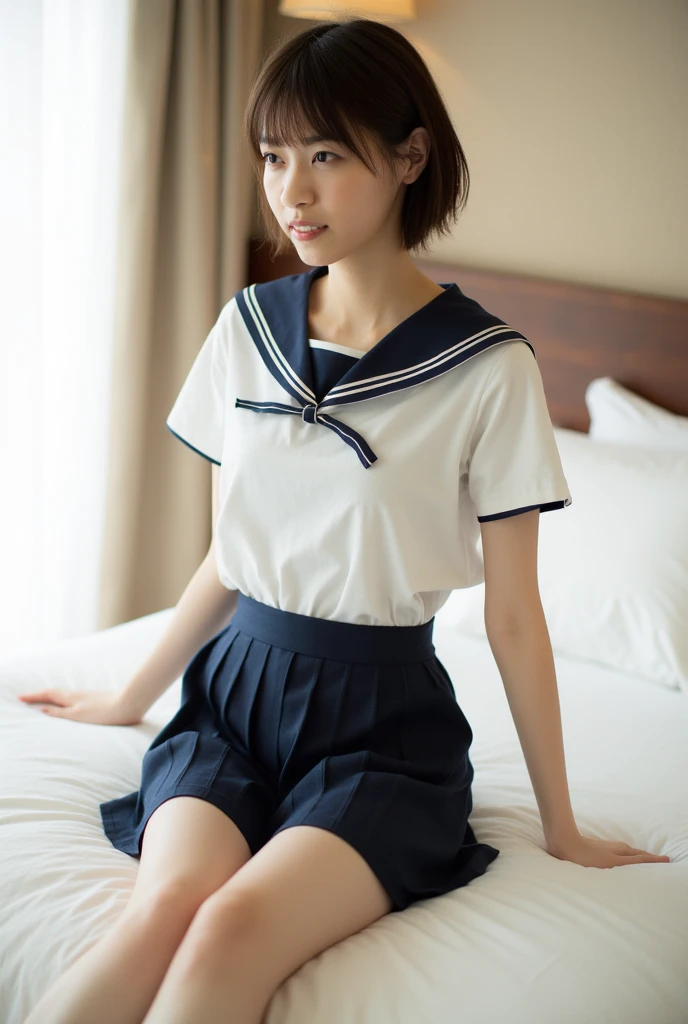 One girl, short hair,Black Hair, room, Sitting on the bed,Close your legs, Hold out your hand,Gaze Here,smile, summer, Sailor suit, , ,transparent, (masterpiece, Highest quality), Soft Light, Structure of the film, Cinematic