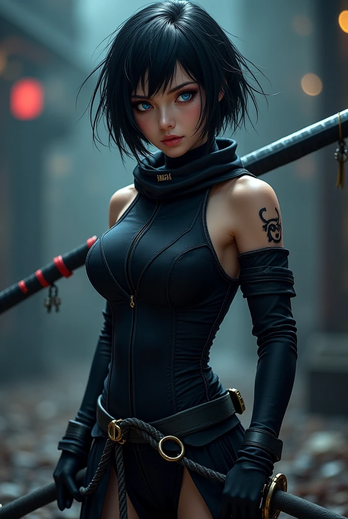 (best quality, masterpiece:1.1), (realistic:1.4), 1 girl,black hair,devil horn,blush and silly face,over big breast,black ninja armor combine with samurai armor combine with hoodie,bring a sword,purple shoulder armor,purple hand armor, dynamic pose, blackhole background