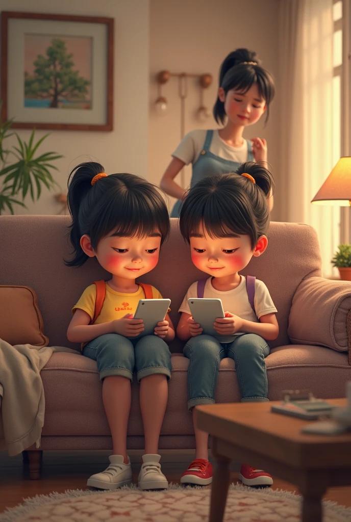 two Indonesian sisters. all are teenagers. Both are busy with their gadget. Their mother, short hair, nearby look upset and angry, Detailed realistic caricature 3D,