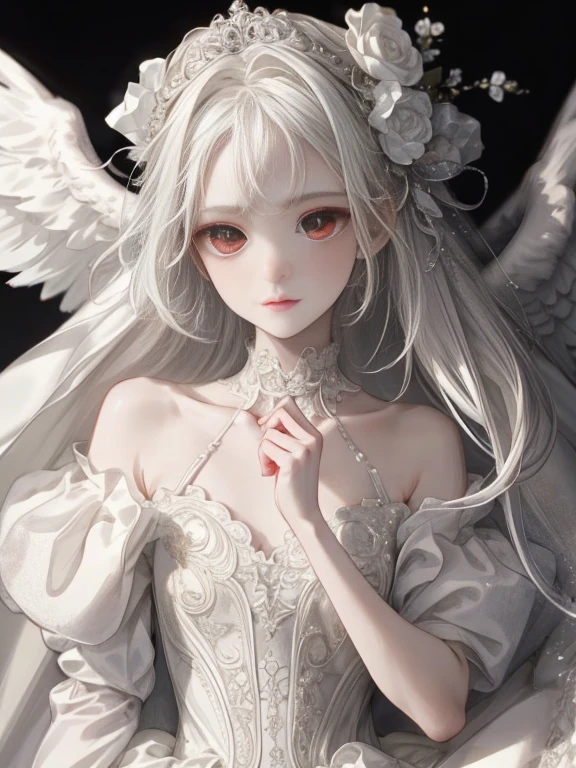 A demon and an angel. The demon has reddish skin, des cornes noires, des griffes noirs, des cheveux noirs, des ailes noires de chauves souris, Her eyes are golden, il est beaucoup plus grand que l'ange. It is muscular and powerful. il est un des princes de l'Enfer. il est narcissique et sadique. He is obsessed with the angel. il l'a retenu captif chez lui. L'ange est petit, sa peau est blanche, ses cheveux sont courts et lisses. ses yeux sont gris et il est pur. He's very innocent. il est un ange gardien. il prenait soin de petit bebes au paradis. He wears an angelic outfit that resembles the clothes of the Romans, on voit une partie de sa poitrine. I want them in a position that demonstrates their relationship. The angel is submissive and dominated by the sexy demon who takes him, par exemple, par le menton.