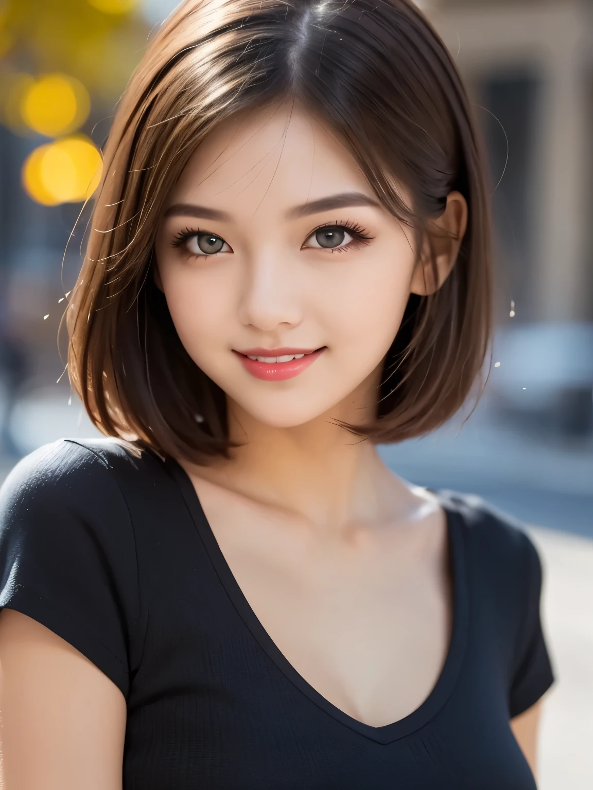 (masterpiece), highly realistic, beautiful atmosphere, intricate textures, super-resolution, hyper-realistic, high contrast, Portrait of a cute girl, looking at viewer, Focus on the Face, (Glowing Eyes), Glossy lips, rouge lip, make-up, blush cheek, smile, baby face, short hair, Brown eyes, beautiful girl, (perfect anatomy), 8k Resolution, wonder full, elegant, hyperrealism, approaching perfection, dynamic, highly detailed, ultra high definition, high quality boost, contrast boost shirt
