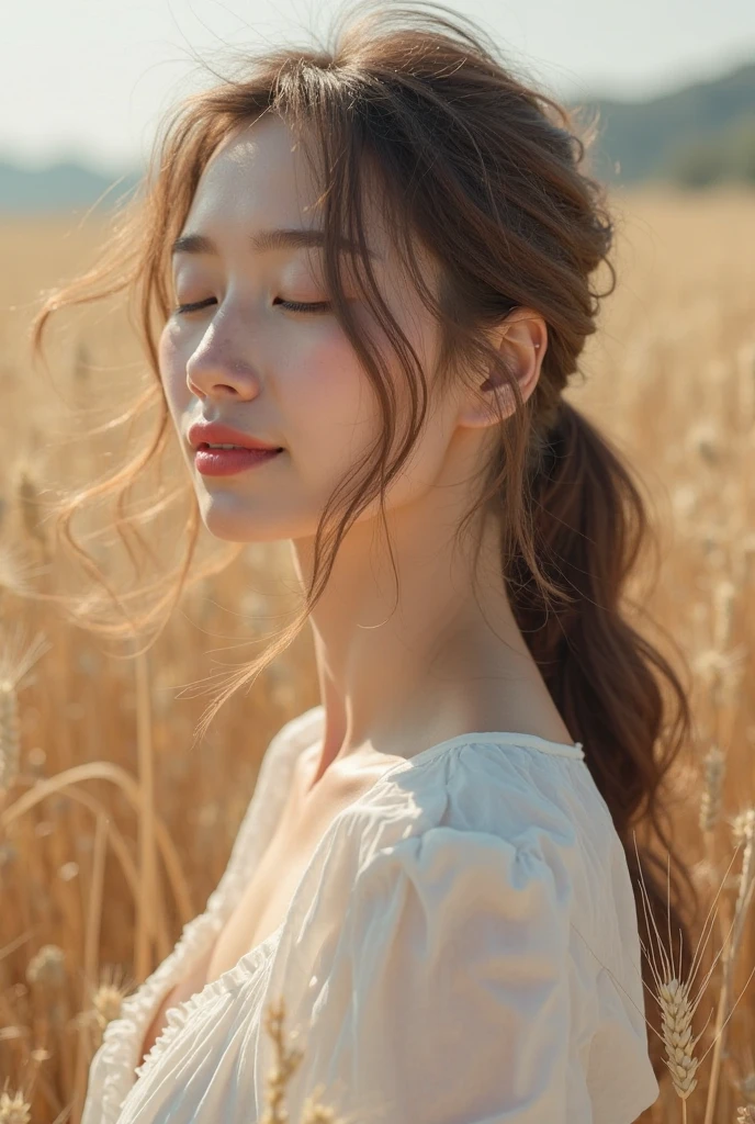 (masterpiece:1.4),, (Highest quality:1.4),, Ultra-high resolution,, 8K, CG,, (Very delicate and beautiful:1.2),, , Upper Body,, From the side,, View your viewers,, , One girl,, alone,, Fashionable Girl,, Mature Girls,, , cute, sweet,, , In the wheat field,, Blurred Background,, , Long brown hair,, ponytail,, , Brown eyes,, Mouth closed,, Red lips,, , Face blown by the wind,, , White Dress,, Medium chest,
