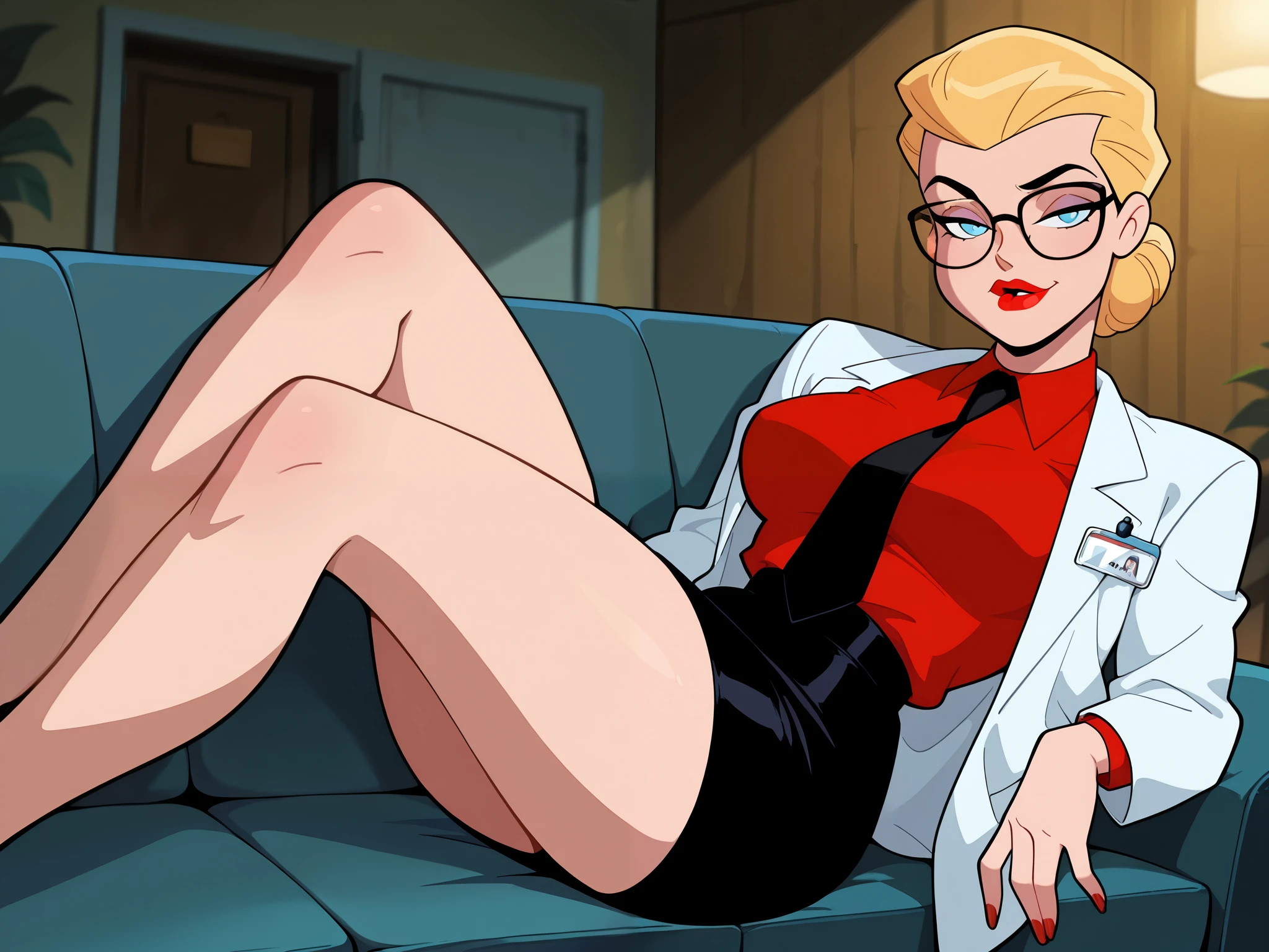 masterpiece, best quality, amazing quality, very aesthetic, newest,1girl,h4rl3yqu1nn,red shirt, black skirt, black necktie, glasses, red lips, blonde hair, hair bun, white jacket, blue eyes, large breasts, looking at viewer, reclining, sofa, doctor's office, sexy legs, seductive, dramatic lighting, spotlight, dutch angle