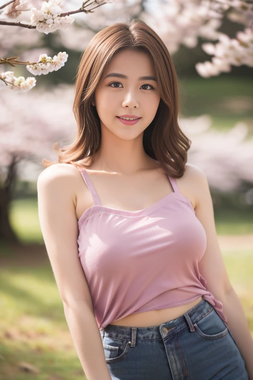 ((Highest quality)), Realistic, Very detailed, In detail, ((High resolution)), 8K,((smile)), skirt lift, from bottom)),Beautiful, well-shaped eyes,(Korean women),((sexy)),Beautiful Skin,Detailed face,(Glamour),short hair,Brunette colored hair,20th Generation,Glamour system,Bust size: 87cm,Neat stenosis,((Mountain、hiking))、necklace、Diamond earrings,((The sun is dazzling))