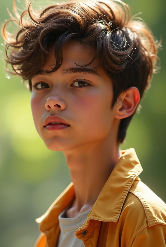 Up close, a handsome boy, outdoors, full of summer atmosphere, portrait, no reflection, rich detail, sunlight, light, 120mm focal length, natural light, bright, soft, minimalist, clear subject, 4k, real detail, perfect photo