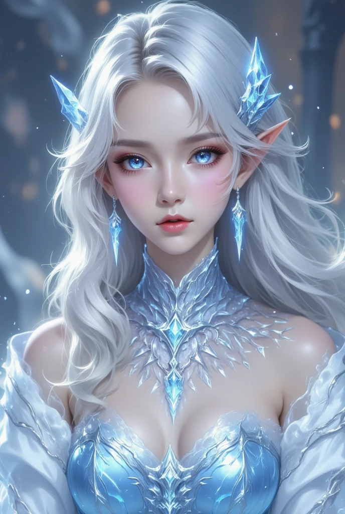 An elven girl with ice powers, wearing a beautiful icy blue dress, standing in a snowy frozen landscape. The girl has long silver hair, sparkling blue eyes, and pale, flawless skin. Her dress is made of shimmering ice crystals, with intricate frost patterns and delicate snowflake ornaments. She has a calm, regal expression on her face and wears a silver tiara on her head. The surrounding landscape is covered in glittering snow, with tall ice pillars and frost-covered trees. The sky is filled with swirling snowflakes and a soft, ethereal light illuminates the scene. The colors are cool and muted, with shades of icy blues, silvers, and whites dominating the palette. The light casts long, dramatic shadows, adding depth and dimension to the image. The overall image quality is of the highest standards, with sharp details, realistic textures, and a sense of depth. The artwork is created using a combination of digital painting and 3D rendering techniques, resulting in a stunningly detailed and lifelike image.