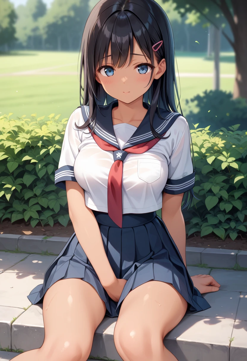 ((best quality)), ((masterpiece)), ((detailed)), (((perfect face))), (((slender 18yo age girl looking down))), (((topless))), (((medium breasts))), ((dark blue pleated skirt from waist to thighs))), ((dark brown hair)), ((short ponytail)), (((blue eyes))), ((shy:1.3)), ((blushing:1.5)), ((skinny thighs)), ((skinny hips)), (((bare arms))), (((bare shoulders))), (((bare stomach))), (((open mouth))), (((surprised:1.3))), (((green field))), (((wearing blue sneakers))), (((standing)))