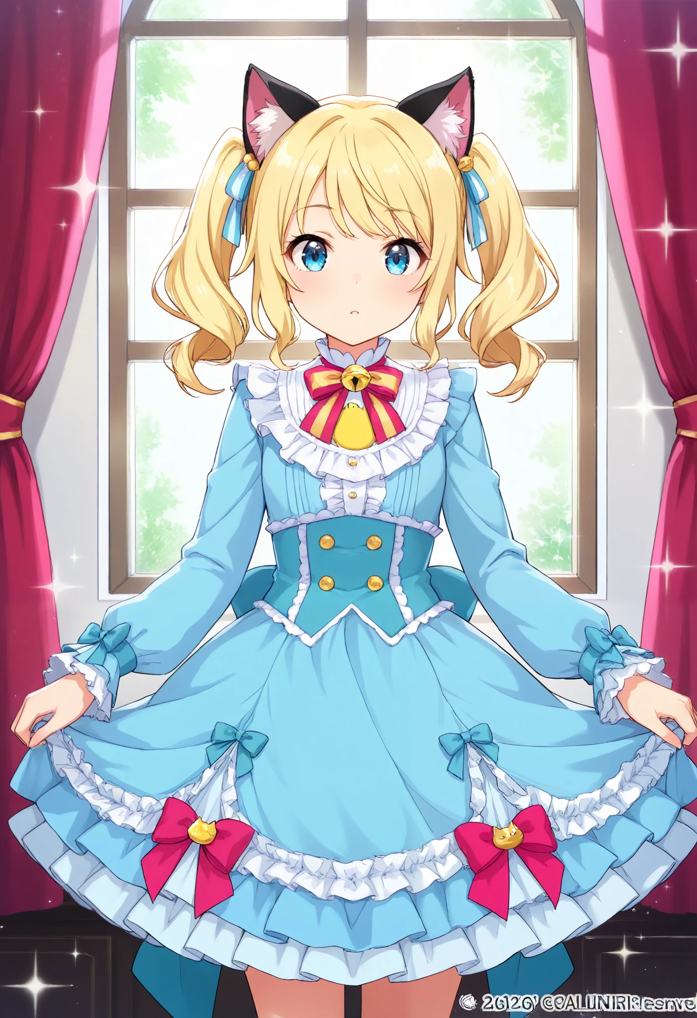 anime, (sparkle), super detail, (masterpiece), high quality, ((high details)), twintails, blonde, Pretty Girl, A frilly dress, blue dress, a flared skirt, A big ribbon on the chest, Standing by the window, indoors, cat ears