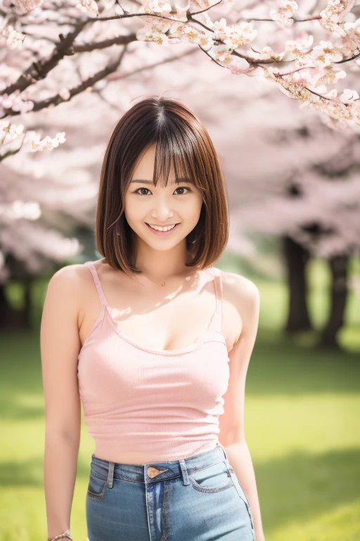 (Close-up of a girl with small breasts and short hair in a tank top:1.5)、(The girl spreads her arms wide with a small smile、Let your hair fly in the wind :1.5)、(Rows of cherry blossom trees in full bloom and cherry blossom petals dancing in the wind:1.5)、(perfect anatomy:1.3)、(no mask:1.3)、(full finger:1.3)、(cleavage)、realistic、photo shoot、table top、highest quality、High resolution, delicate and beautiful、perfect face、detailed and beautiful eyes、Fair skin、real human skin、pores、((thin legs))、(black hair)