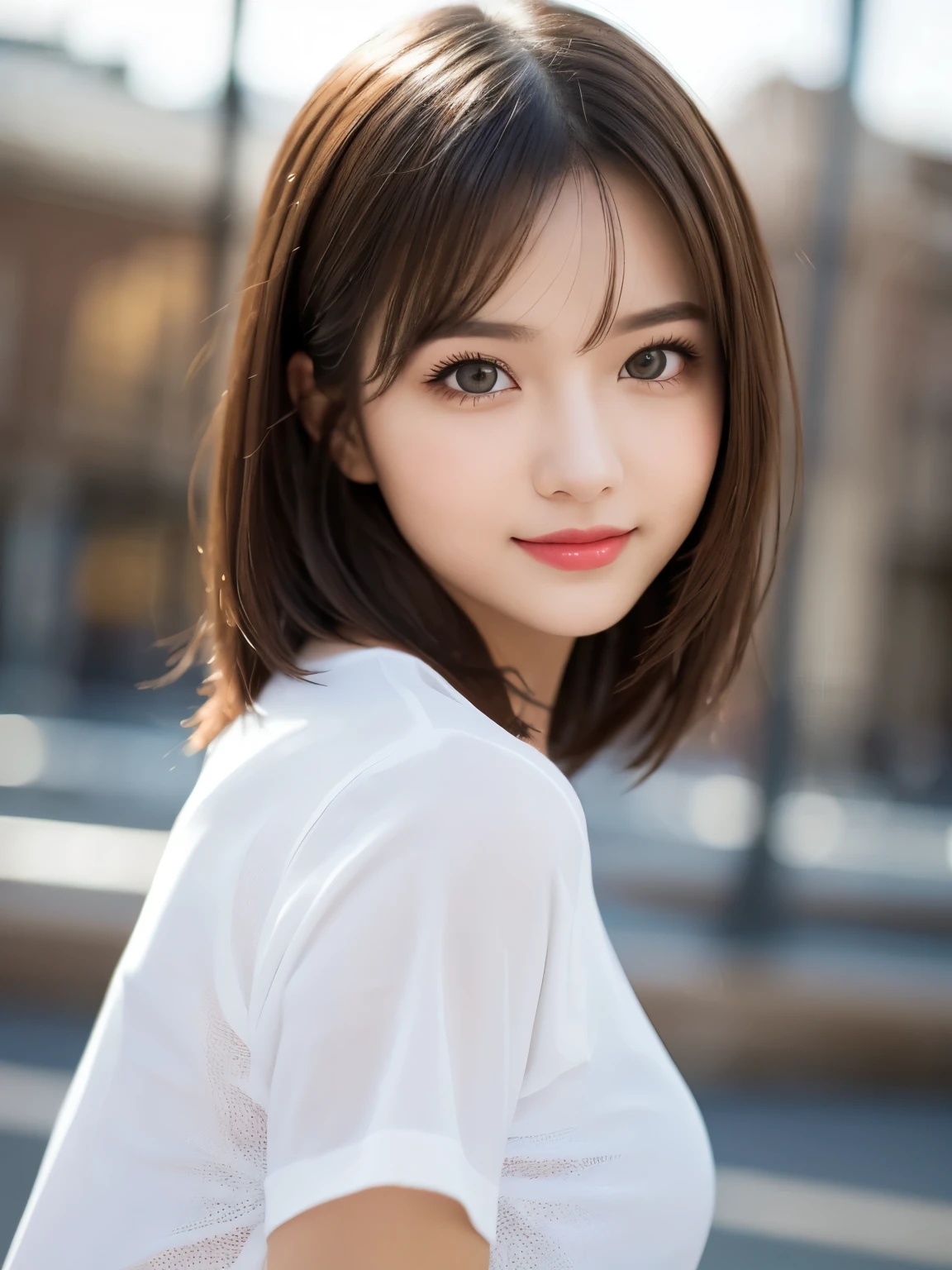 (masterpiece), highly realistic, beautiful atmosphere, intricate textures, super-resolution, hyper-realistic, high contrast, Portrait of a cute girl, looking at viewer, Focus on the Face, (Glowing Eyes), Glossy lips, rouge lip, make-up, blush cheek, smile, baby face, short hair, Brown eyes, beautiful girl, (perfect anatomy), 8k Resolution, wonder full, elegant, hyperrealism, approaching perfection, dynamic, highly detailed, ultra high definition, high quality boost, contrast boost shirt