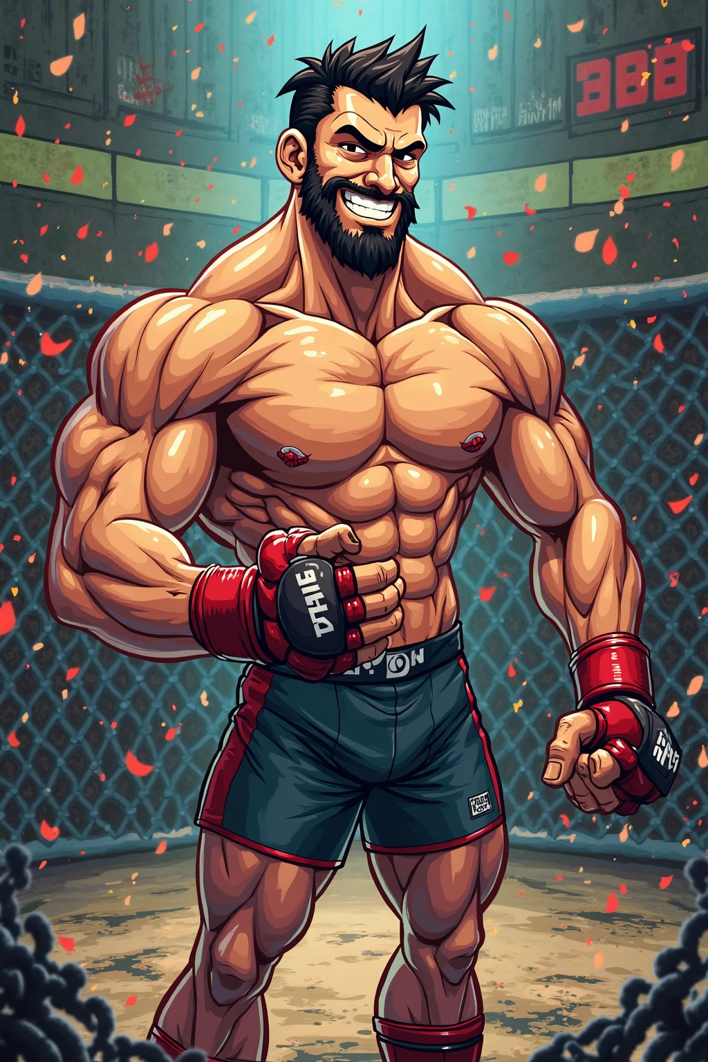 A young Japanese professional wrestler is in the ring。
He's buzzcut and muscular、Wearing short tights。
Put your knees on the ring and raise your arms to strike a macho pose。