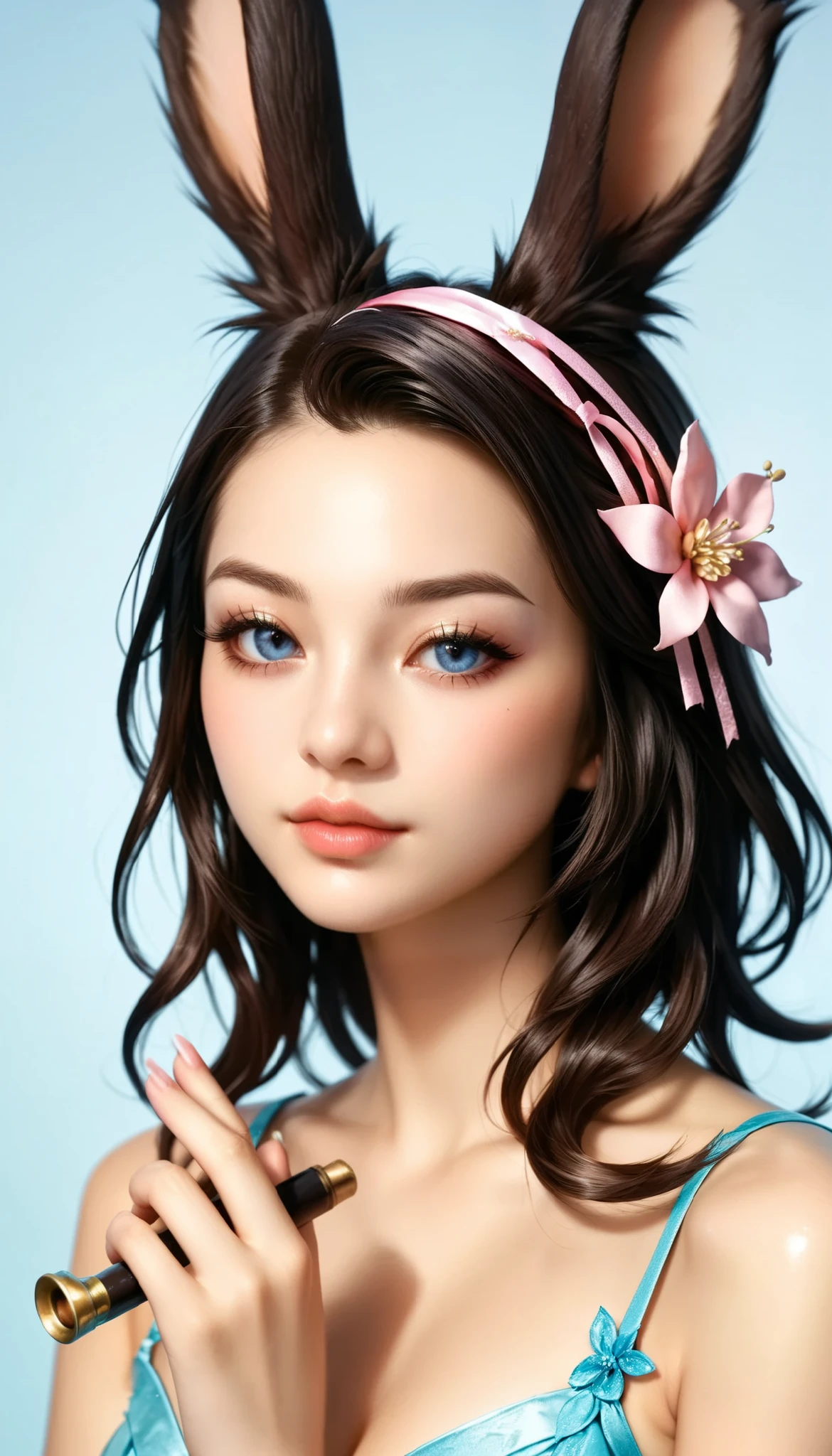 Portrait of a Woman on the Viera by Charlie Bowater's Realistic Lithograph, flower, [gear], pipe, DIESEL PUNK, Multi Colored Ribbons , Old Paper Texture, Very Well Detailed