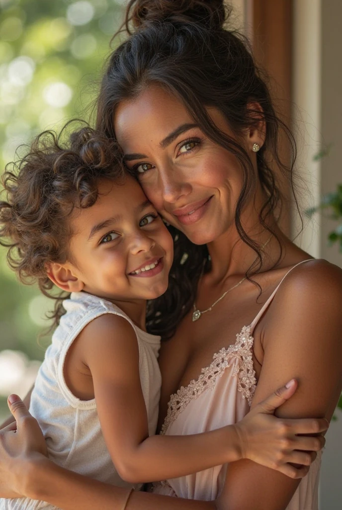 A portrait of a woman with curly hair and a warm smile, holding a young with a peaceful expression. The figures are bathed in the golden glow of the setting sun, set against a natural background.