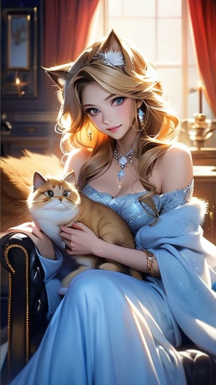 Make a pretty blonde woman, with a pretty face, with a red lens in her eyes, with red eyes, in an elegant blue colored business suit, smiling at the photo, with a serious look , Sitting on a golden sofa, with a beautiful pet Egyptian cat