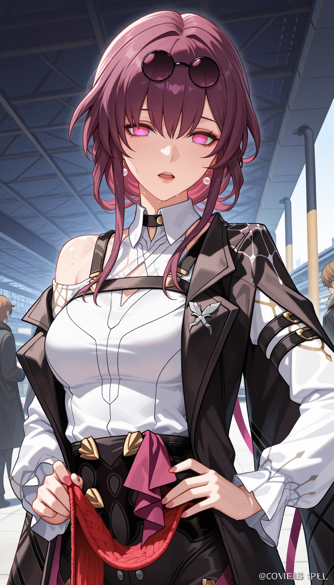 ntr, masterpiece, Adultery, score_9, score_8_up, score_7_up, score_6_superior, source_anime, rating:general, 1 girl, beautiful woman, perfect body, sunburned skin, curvilinear, mature, very small breasts, sweaty, makeup, ( Super Precise Eyes:1.1), Gothic PXL, close one eye, villages with, black coat, viewers, place your hands on your hips,Red Eyes,  shiny skin, clavicle, floral print, upper body, lips,bare shoulder, long hair, hair ornament, Chest,   popular black coat, knitting glasses,  Industrial Park, nail, , hair clip, open your mouth,single knitting glasses, masterpiece, 最high quality, high image quality, newest, ing, zPDXL3, detailxl,  score_PnyReal, burgundy hair,  Kafka \(honkai star rail with the same leg color\), 8k, high quality, wallpaper