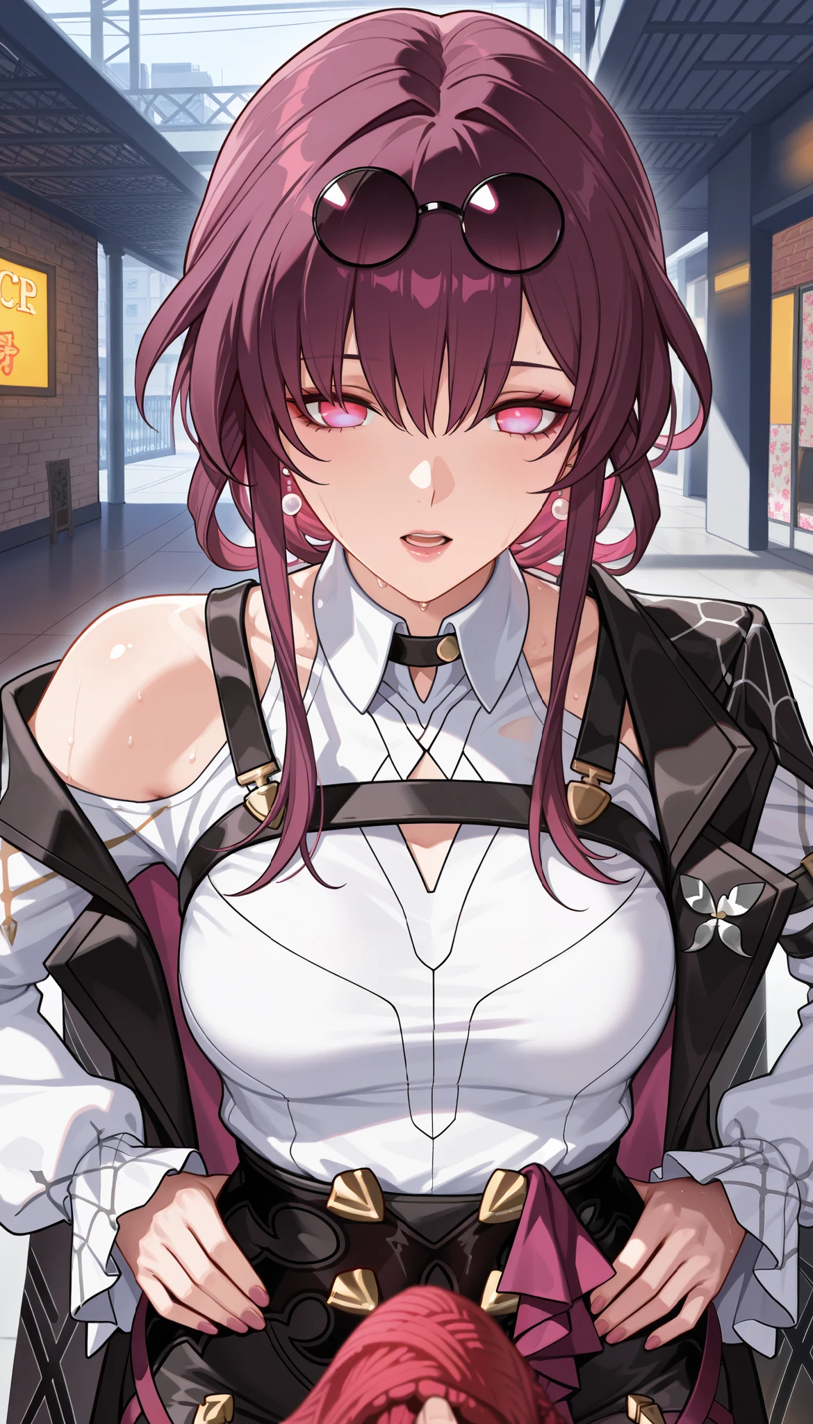 ntr, masterpiece, Adultery, score_9, score_8_up, score_7_up, score_6_superior, source_anime, rating:general, 1 girl, beautiful woman, perfect body, sunburned skin, curvilinear, mature, very small breasts, sweaty, makeup, ( Super Precise Eyes:1.1), Gothic PXL, close one eye, villages with, black coat, viewers, place your hands on your hips,Red Eyes,  shiny skin, clavicle, floral print, upper body, lips,bare shoulder, long hair, hair ornament, Chest,   popular black coat, knitting glasses,  Industrial Park, nail, , hair clip, open your mouth,single knitting glasses, masterpiece, 最high quality, high image quality, newest, ing, zPDXL3, detailxl,  score_PnyReal, burgundy hair,  Kafka \(honkai star rail with the same leg color\), 8k, high quality, wallpaper