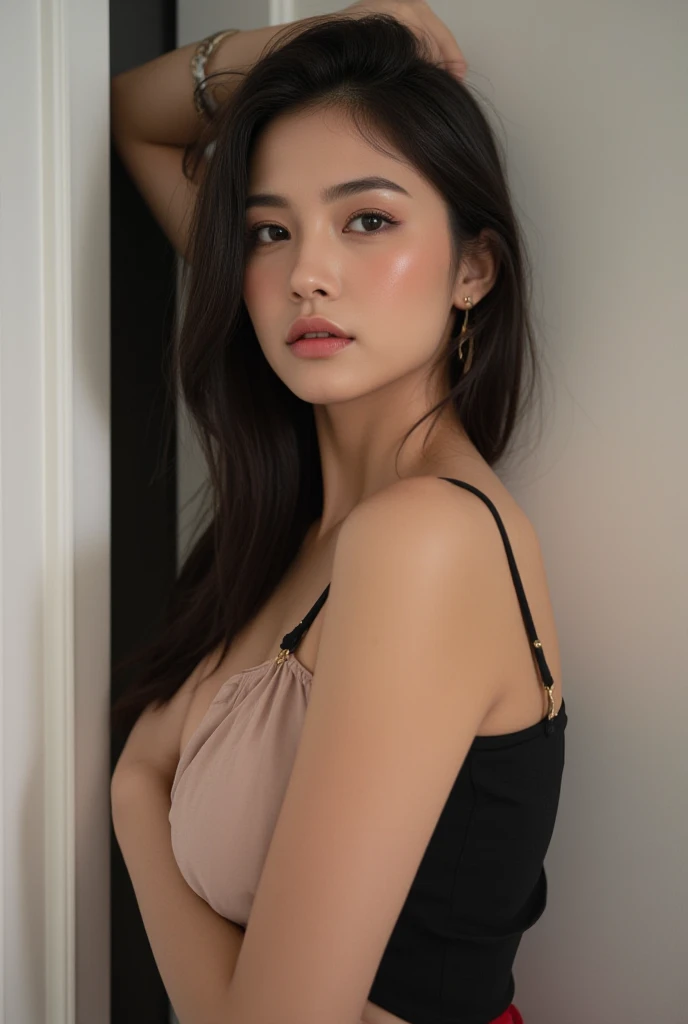 (masterpiece, best quality:1.2), 1girl, solo Victoria, close up selfie inside home of a beautiful girl wearing a black shirt with detailed shadows