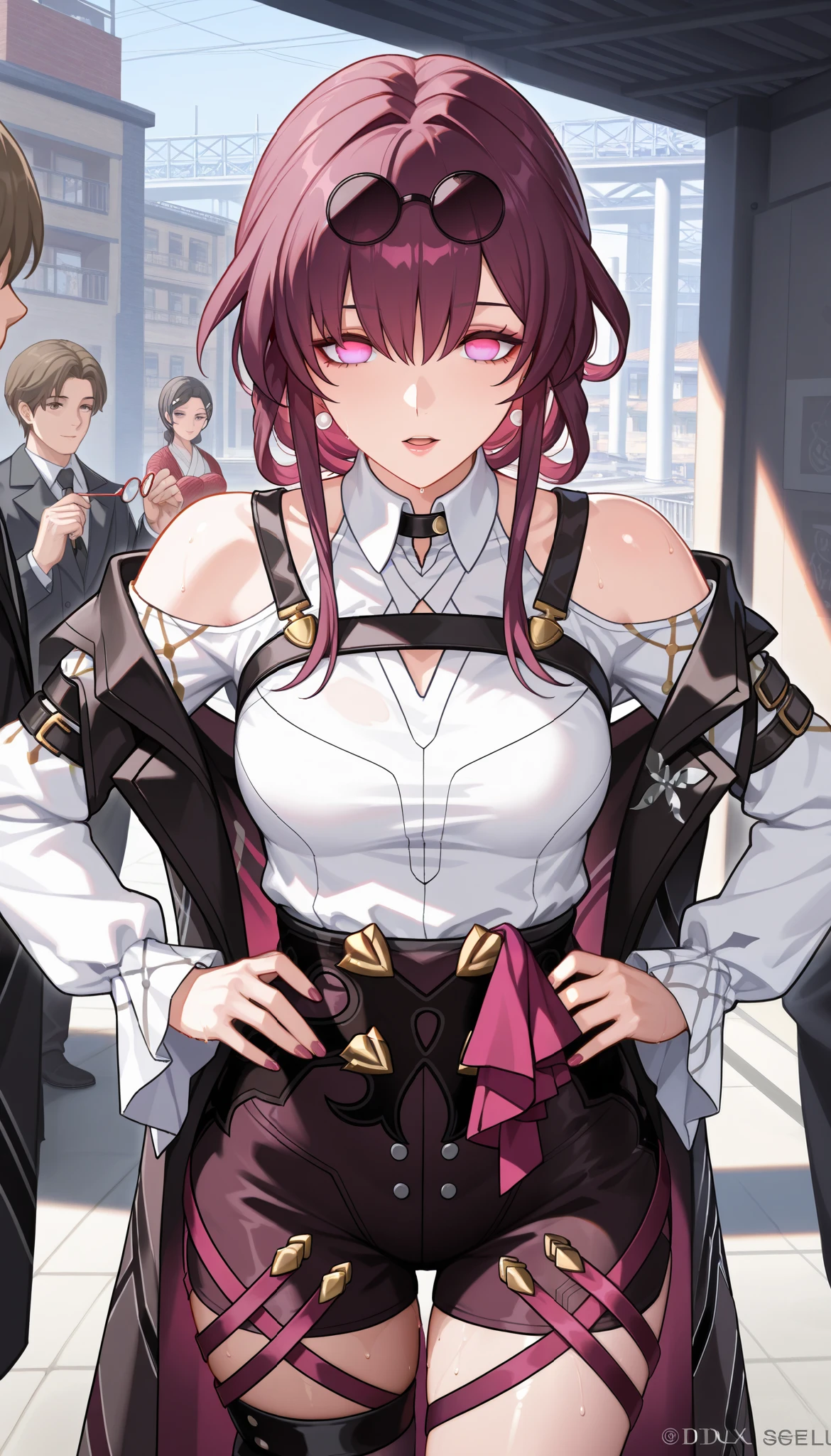 ntr, masterpiece, Adultery, score_9, score_8_up, score_7_up, score_6_superior, source_anime, rating:general, 1 girl, beautiful woman, perfect body, sunburned skin, curvilinear, mature, very small breasts, sweaty, makeup, ( Super Precise Eyes:1.1), Gothic PXL, close one eye, villages with, black coat, viewers, place your hands on your hips,Red Eyes, shiny skin, clavicle, floral print, upper body, lips,bare shoulder, long hair, hair ornament, Chest, popular black coat, knitting glasses, Industrial Park, nail, , hair clip, open your mouth,single knitting glasses, masterpiece, 最high quality, high image quality, newest, ing, zPDXL3, detailxl, score_PnyReal, burgundy hair, Kafka \(honkai star rail with the same leg color\), 8k, high quality, wallpaper