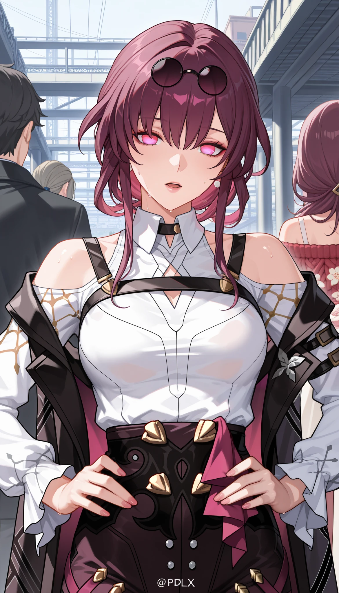 ntr, masterpiece, Adultery, score_9, score_8_up, score_7_up, score_6_superior, source_anime, rating:general, 1 girl, beautiful woman, perfect body, sunburned skin, curvilinear, mature, very small breasts, sweaty, makeup, ( Super Precise Eyes:1.1), Gothic PXL, close one eye, villages with, black coat, viewers, place your hands on your hips,Red Eyes,  shiny skin, clavicle, floral print, upper body, lips,bare shoulder, long hair, hair ornament, Chest,   popular black coat, knitting glasses,  Industrial Park, nail, , hair clip, open your mouth,single knitting glasses, masterpiece, 最high quality, high image quality, newest, ing, zPDXL3, detailxl,  score_PnyReal, burgundy hair,  Kafka \(honkai star rail with the same leg color\), 8k, high quality, wallpaper
