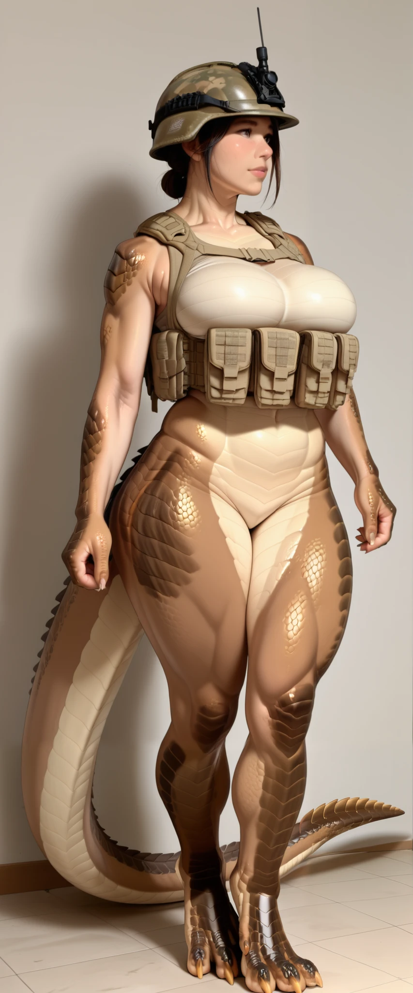 Sexy Trniert Furry Velociraptor woman on tank top Bauch frei and full body and big breasts and outfit läder and haut blu and black and gray