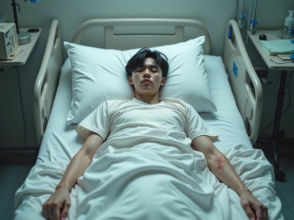 1boy、Handsome Men、Japanese male, 、handsome man、Mash Hair、Completely naked、Full nudity、erection、Huge penis、Highest quality、Realistic、beautiful、Sad look、MRI scan at the hospital、Arms above head、A nurse in a white coat next to me、完全Completely naked