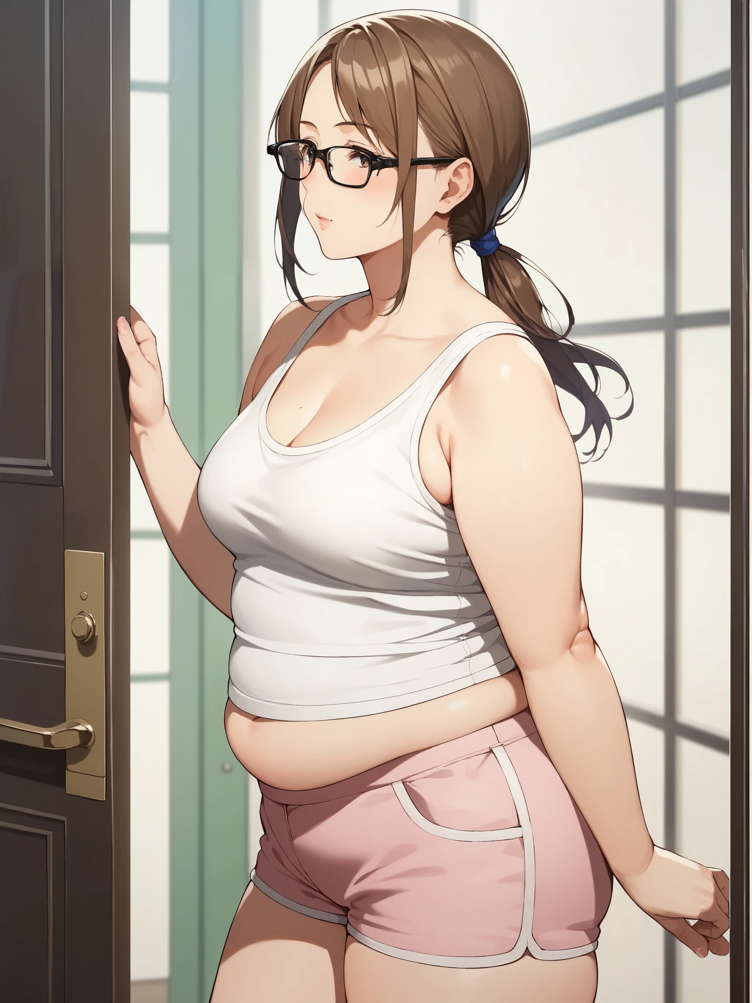 score_9, score_8_ up the side, score_7_ up the side, score_6_ up the side, score_5_ up the side, score_4_ up the side,anime,nsfw, uncensored,Kawakami_May, 最 high quality, Masterpiece, Super Detail, high quality, high resolution, 1 girl, slightly overweight, blond hair, side low ponytail, beautiful, beautiful and perfect face, Fine grain , Detailed eyelashes, ( black glasses:1.1), watches viewers, ( white tank top, sheer pink shorts), Clevis, small saggy , Curvy Body ,クローズ up the sideショット, from before , standing, At home, open the door , lean forward, thick thighs, fat legs,