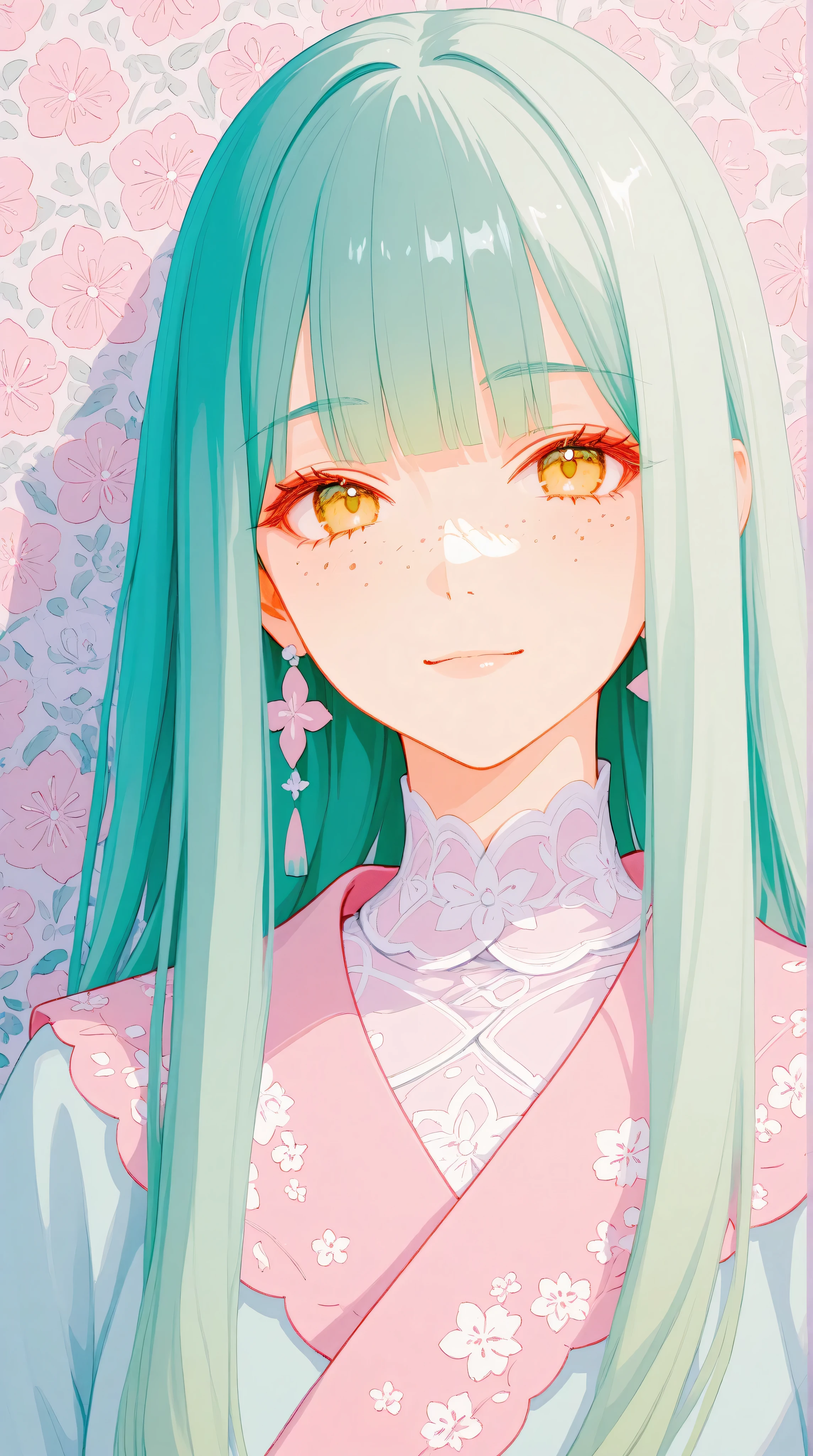 A mesmerizing surreal illustration of a young japanese woman. She has pastel green hair with blunt bangs, yellow eyes, and wears a vibrant pastel colored outfit adorned with intricate floral patterns. Freckles dot her smooth, warm complexion, and bold, colorful tattoos cover her arms and legs. The tattoos feature traditional Japanese motifs like flowers and mythical creatures, rendered with meticulous detail in a pastel color palette. The background is a vintage floral-patterned wallpaper that complements the artwork's colors. The line work is precise, with delicate shading that gives the illustration a 3D quality. The artwork fuses modern illustration techniques with traditional Japanese aesthetics, resulting in a visually striking, portrait,